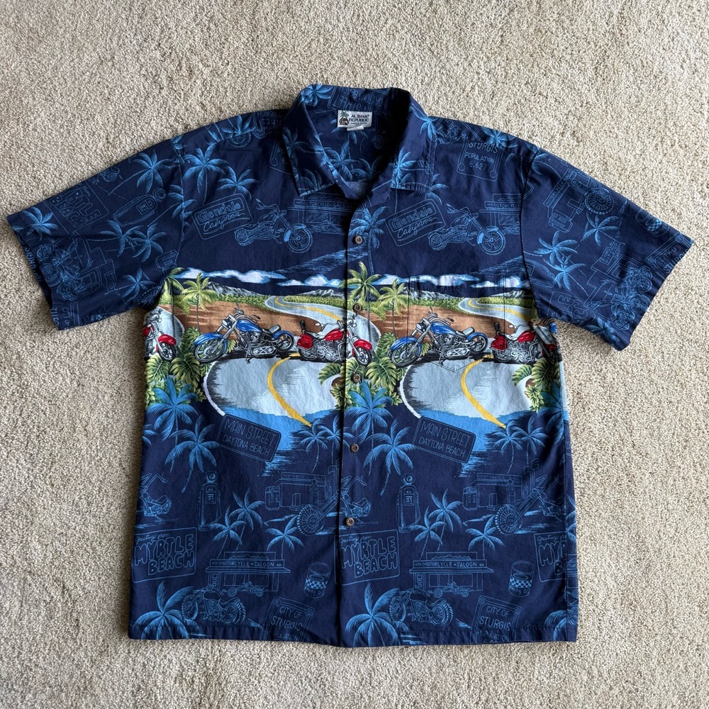 Aloha Republic Hawaiian Shirt Mens XL Blue Beach Graphic Made in Hawaii USA